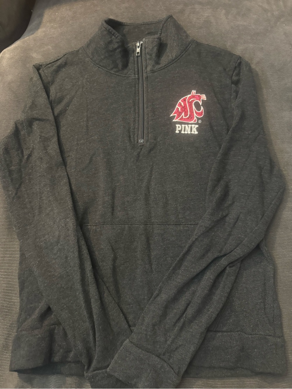 PINK Victoria's Secret Charcoal Gray Quarter-Zip Sweatshirt with Maroon Logo